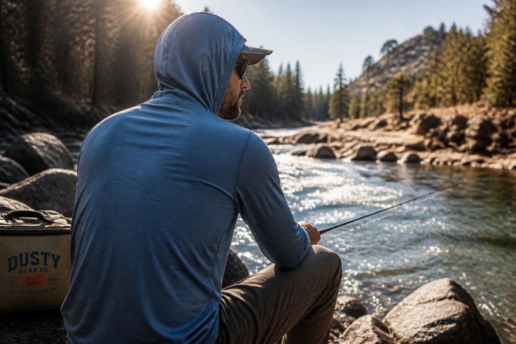 A person in a long-sleeve UPF hooded shirt fishing on a riverbank under bright midday sun, with visible fabric texture and sun glare on the water, rugged outdoor setting