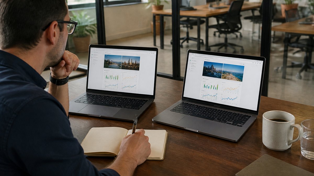Digital strategist comparing website load time metrics on two laptop screens in a bright office workspace