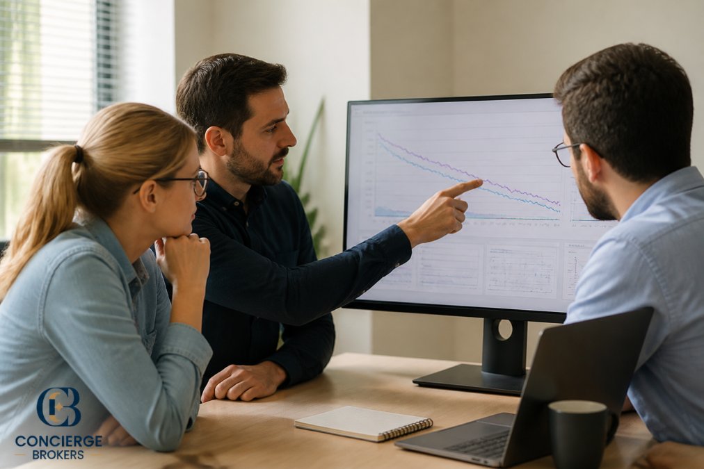 A business team in a bright office reviewing website performance dashboards on a large monitor, one person pointing at a downward-sloping conversion trend line, natural daylight through window blinds