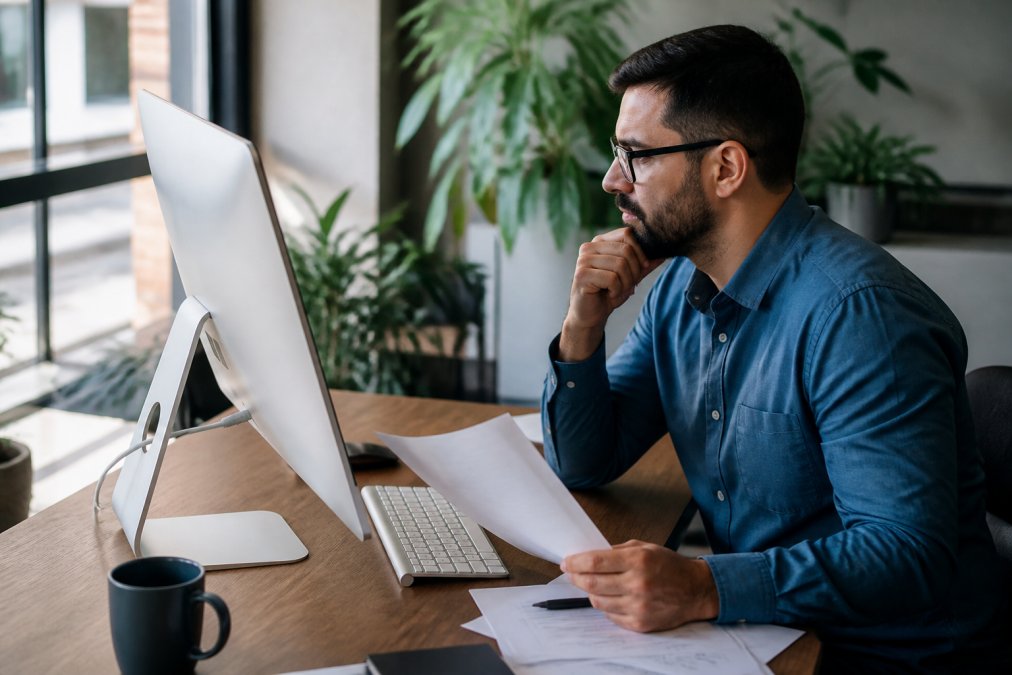 Marketing professional reviewing analytics dashboard on desktop monitor in modern office, examining website performance metrics with focused attention