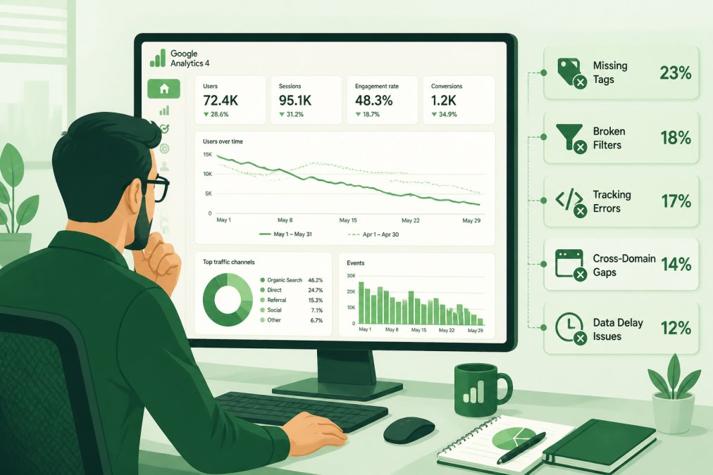 SEO specialist reviewing Google Analytics 4 dashboard on computer screen in bright office setting, analyzing traffic data with concentration and analytical focus