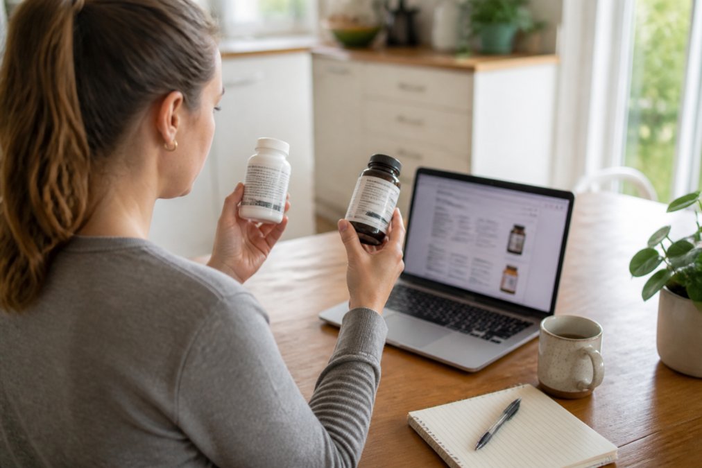 A person sitting at a kitchen table with a laptop open to an online store, holding two different supplement bottles side by side, comparing labels in natural daylight
