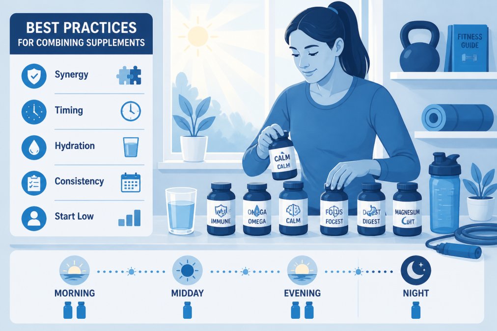 Person organizing multiple supplement bottles on a kitchen counter with a glass of water, morning sunlight streaming through the window, showing a clean, organized wellness routine setup