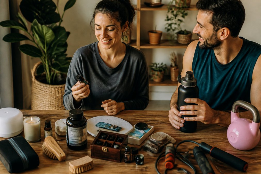 Overhead shot of wellness products including multivitamins, essential oils, fitness gear, and a water bottle arranged on a wooden surface, representing an integrated wellness approach