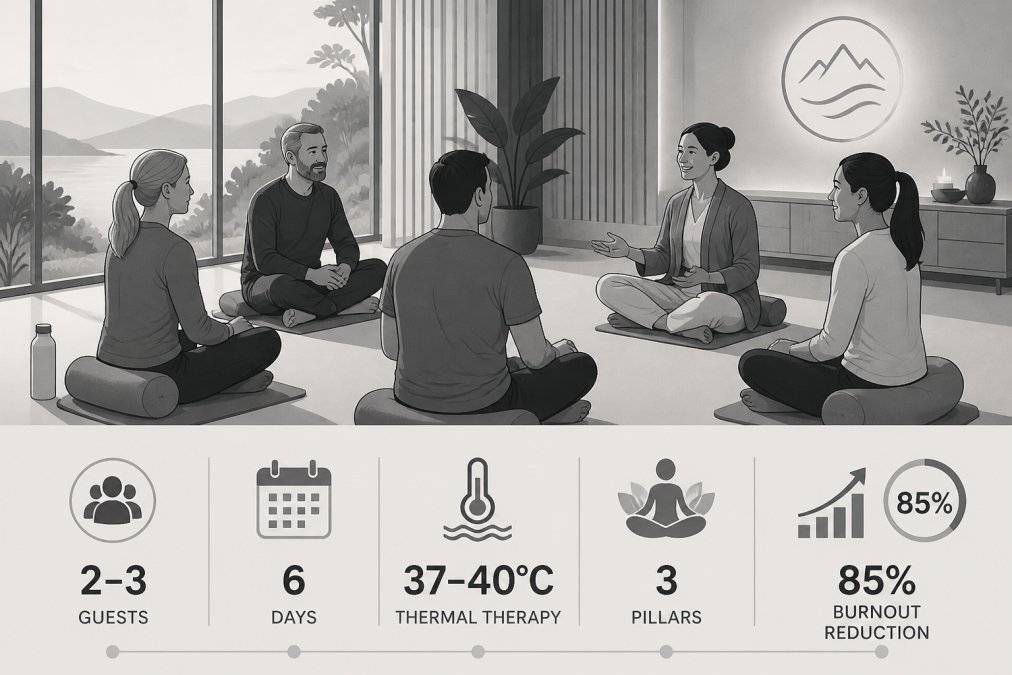 Group of professionals in calm retreat setting engaged in guided wellness session showing relaxation and genuine connection, natural soft lighting in peaceful environment