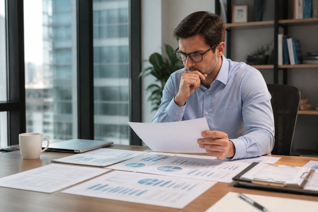 Financial analyst reviewing earnings reports and stock performance data on multiple computer monitors in a modern office setting with natural light