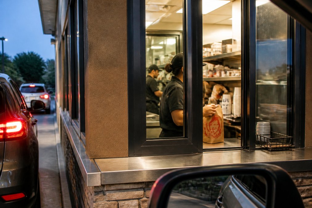 Modern Wendy's drive-thru window with digital ordering display screen and technology interface visible during evening service with staff preparing orders