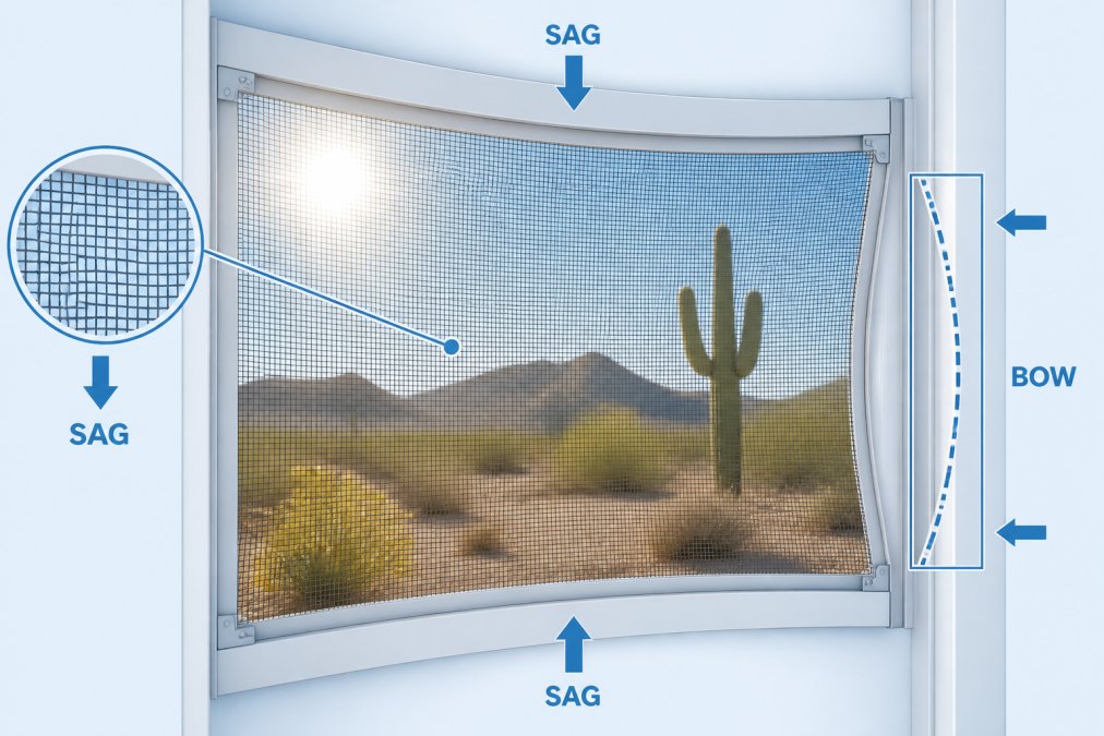 Close-up of a sagging window screen in bright Arizona sunlight, showing visible mesh deformation and frame bowing with desert landscape visible through the screen