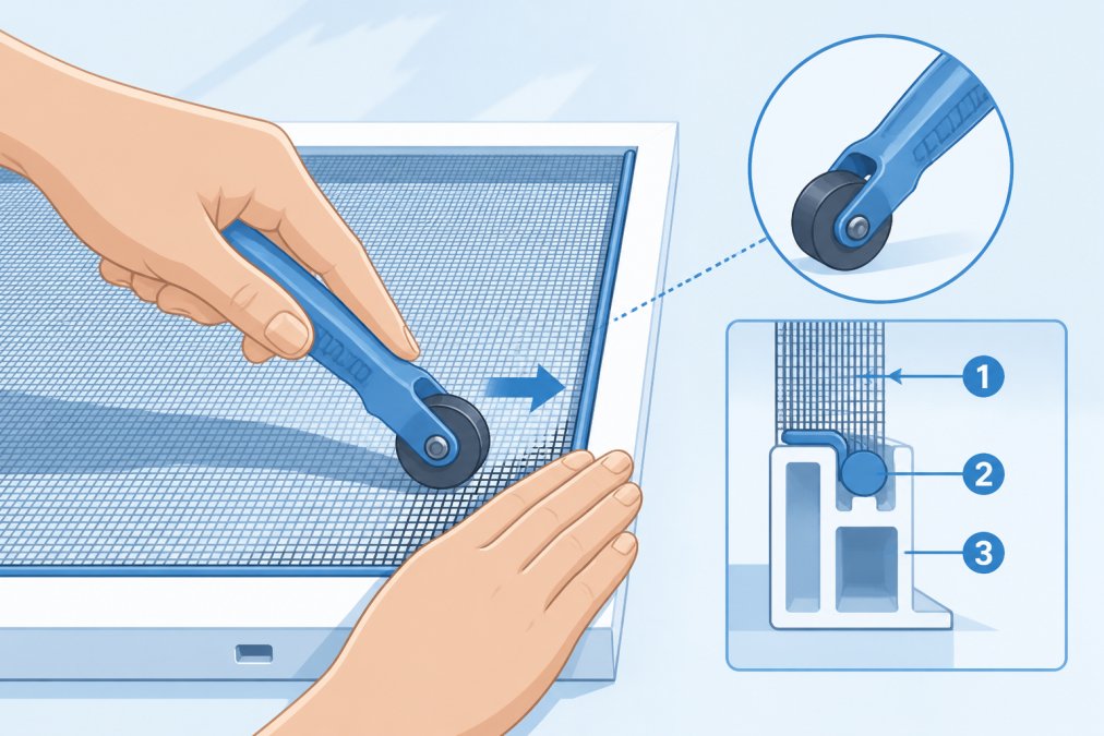 Homeowner's hands using a spline roller tool to re-tension window screen mesh on a frame in natural daylight, showing the rolling motion and tool position
