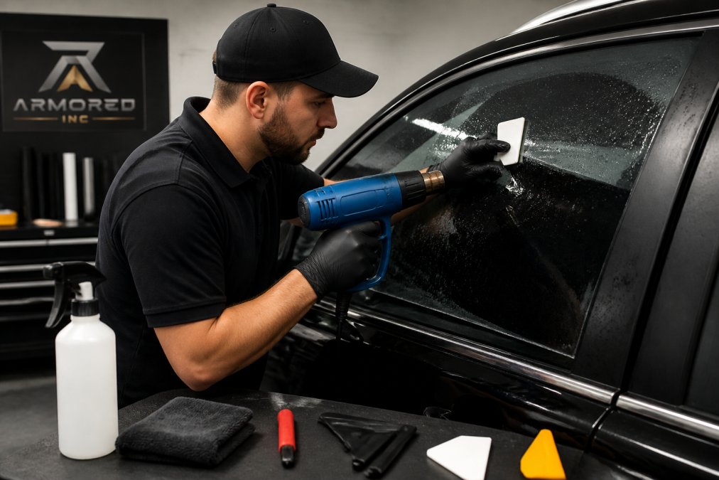 Professional technician using a heat gun and squeegee on a car window during tint correction, demonstrating proper technique with controlled heat application