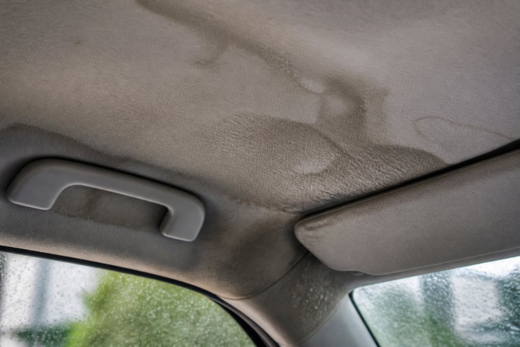 Close-up of car interior headliner showing water staining and visible moisture damage from windshield leak, with damp fabric and discoloration visible