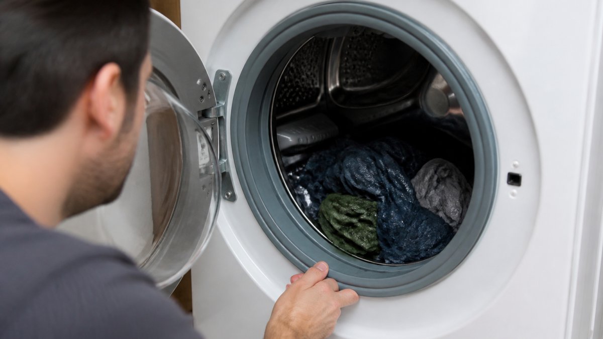 Homeowner inspecting wet clothes inside a drum when a washing machine won't spin properly.