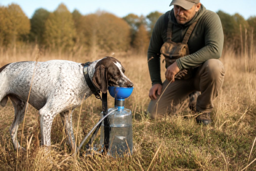 Working dog drinking from a portable hydration system during field break, with handler observing nearby in outdoor terrain with tall grass and natural lighting