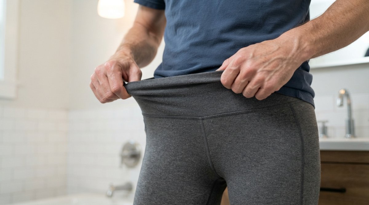 Close-up of a person's hands pulling at the stretched-out waistband of gray athletic leggings, fabric bagging out instead of snapping back, bright bathroom lighting