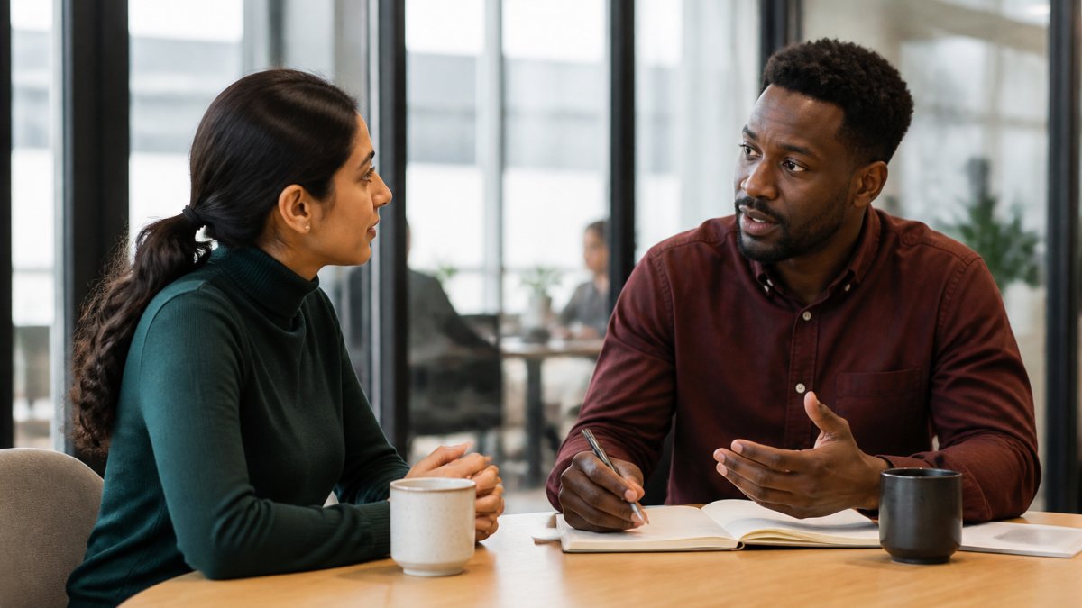 A manager having a one-on-one check-in conversation with an employee in a bright, modern office, both seated and engaged, with a notebook and coffee on the table