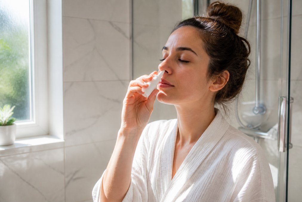 A person gently using a nasal mist spray bottle in a bright, clean bathroom, with soft natural light from a nearby window and a calm expression