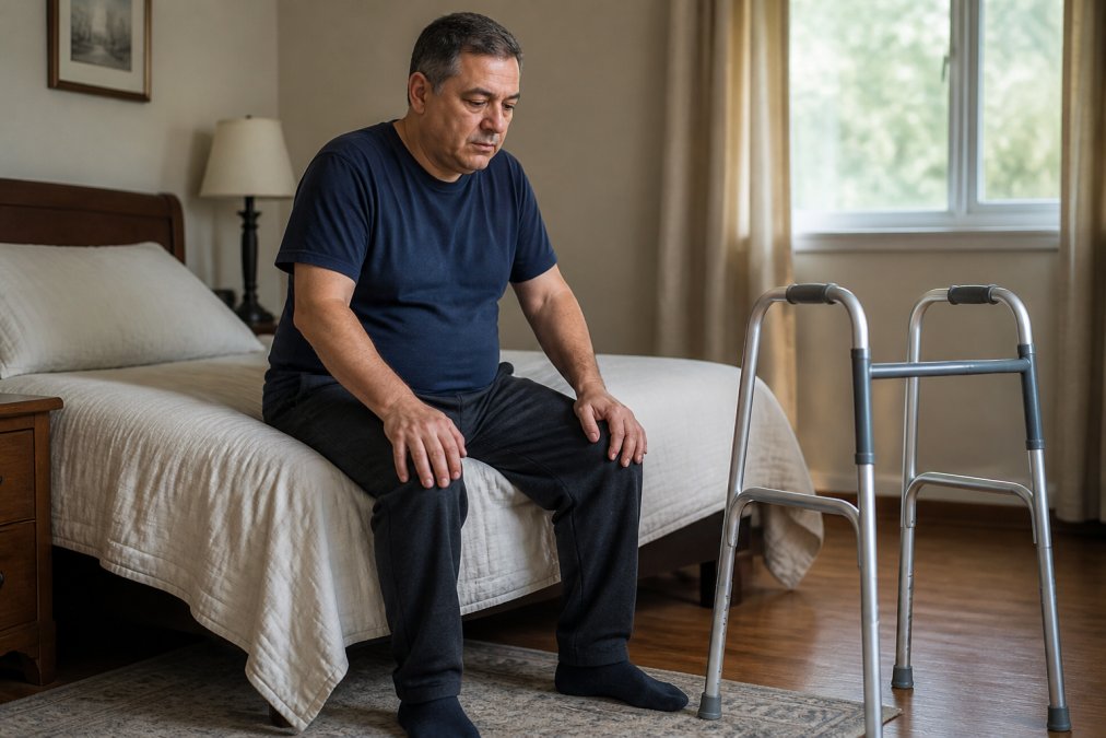 A middle-aged man sitting on the edge of a bed in a softly lit bedroom, hands resting on his knees, pausing before standing, a walker visible nearby