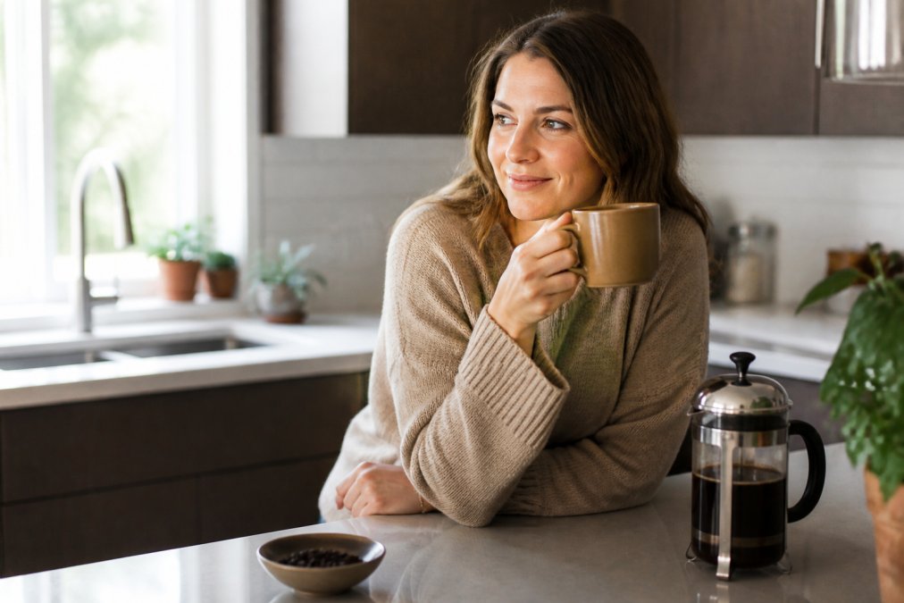 Person holding a warm mug of coffee at a kitchen counter in soft morning light looking calm and comfortable