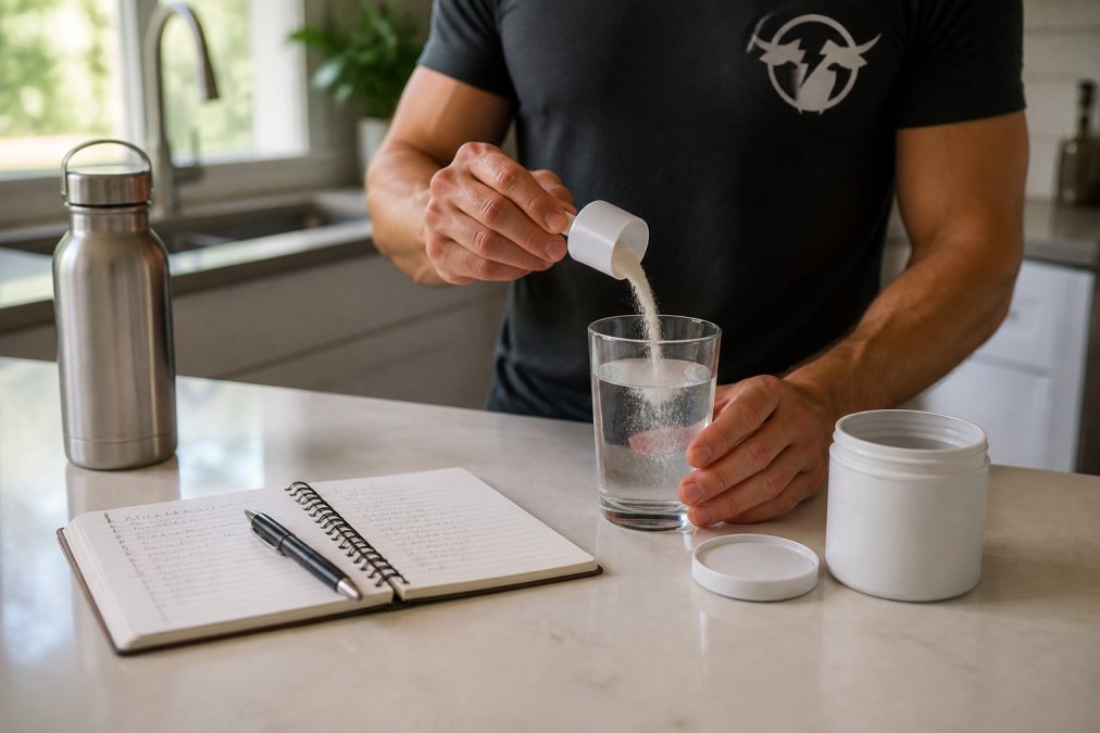 Step-by-step guide for mixing electrolytes into water to track daily hydration progress on a kitchen counter