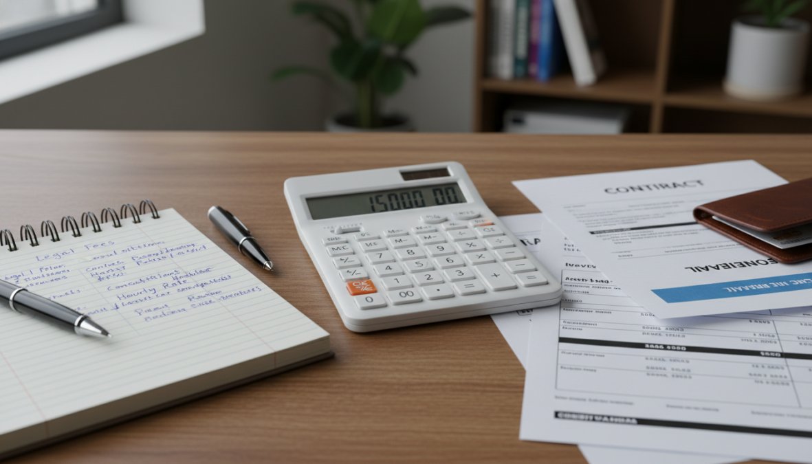 A small business owner sitting at a desk with a calculator, notepad, and legal documents, looking thoughtfully at paperwork in a well-lit home office, natural light from a nearby window