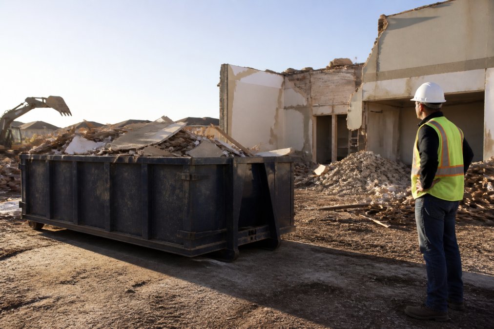 Site manager standing by a roll-off dumpster filled with debris, showing why you need a dumpster for demolition debris.