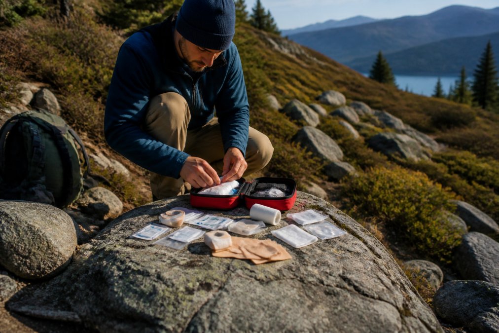 Hiker organizing gauze and medical supplies on a trail rock to show why you need a first aid kit for wilderness expeditions