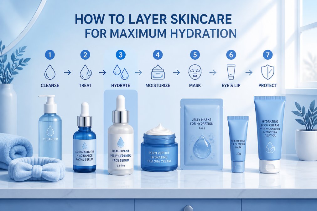 Organized skincare products arranged in order of application on a bathroom vanity, showing hydrating serum bottles, moisturizer jars, and other products in sequence with morning light