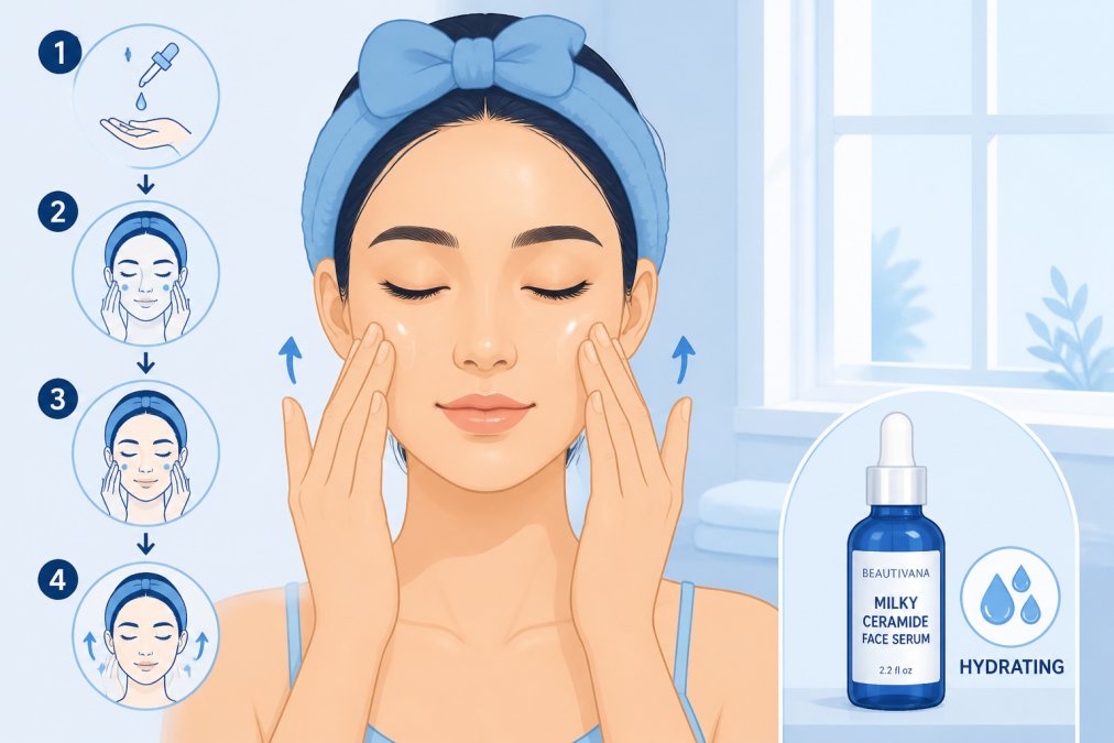 Close-up of hands applying hydrating serum to face using fingertips, showing gentle pressing motion on damp skin with natural morning light through a bathroom window