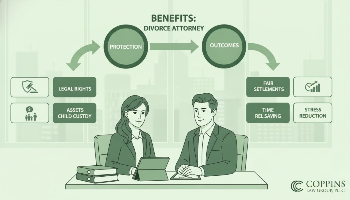 Illustration showing the benefits of lawyer for divorce