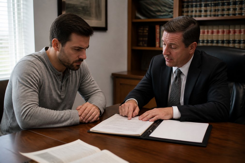 Attorney explaining legal documents to a concerned man, illustrating why you need a lawyer for first DUI offense.