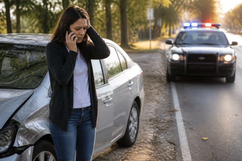 A person standing beside a dented silver sedan on a roadside shoulder, holding a phone to their ear with a worried expression, while a police car with flashing lights approaches in the background under late afternoon sun