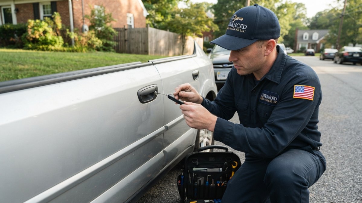A certified locksmith in uniform carefully installing a high-security deadbolt on a residential front door, using professional tools, with a toolbox visible on the floor