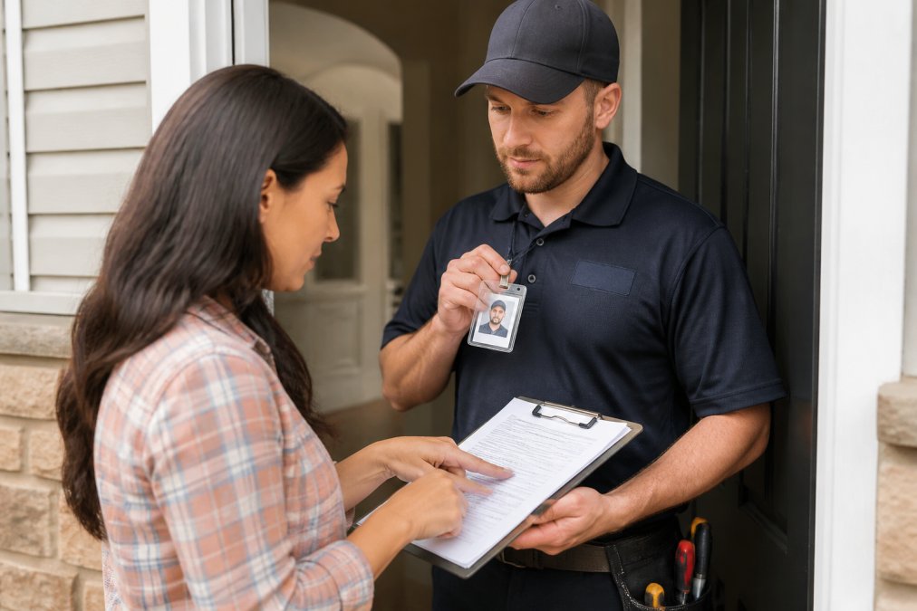 Homeowner examining professional locksmith credentials and identification at front door, reviewing paperwork and tools on clipboard in natural daylight