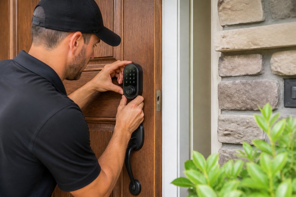 Professional locksmith installing modern smart lock on residential door, hands working with hardware and electronic components in natural daylight