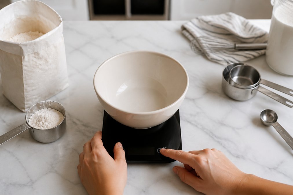 Overhead shot of hands taring a smart kitchen scale with a mixing bowl on top, flour bag and measuring cups pushed aside on a marble countertop in a bright home kitchen