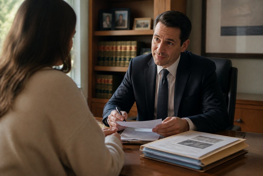 Parent and attorney reviewing medical documents for birth injury claims in a professional office setting