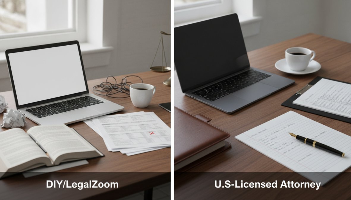 A small business owner sitting at a desk reviewing trademark registration documents and legal paperwork, laptop open to the USPTO website, coffee mug nearby, warm office lighting