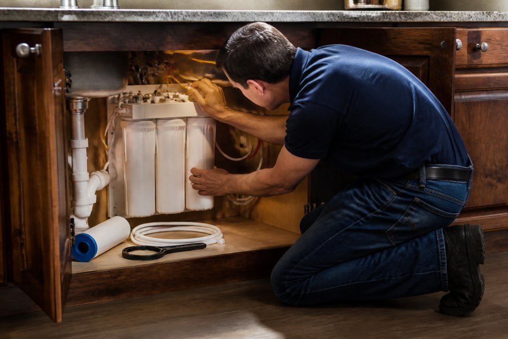 Homeowner using a wrench to install an under-sink water filtration system in a kitchen cabinet.
