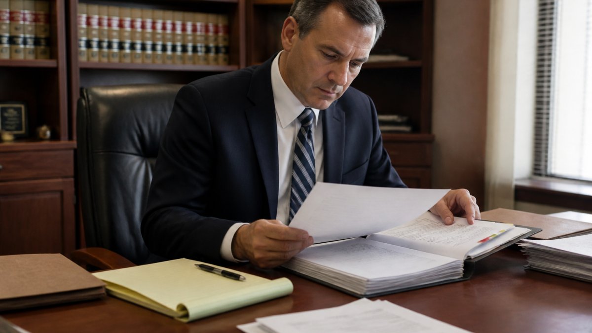 Injury litigator reviewing medical records and case documents at a wooden desk in a law office
