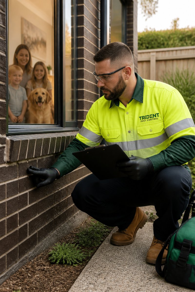 Licensed technician in hi-vis performing a professional pest control inspection on a modern home exterior