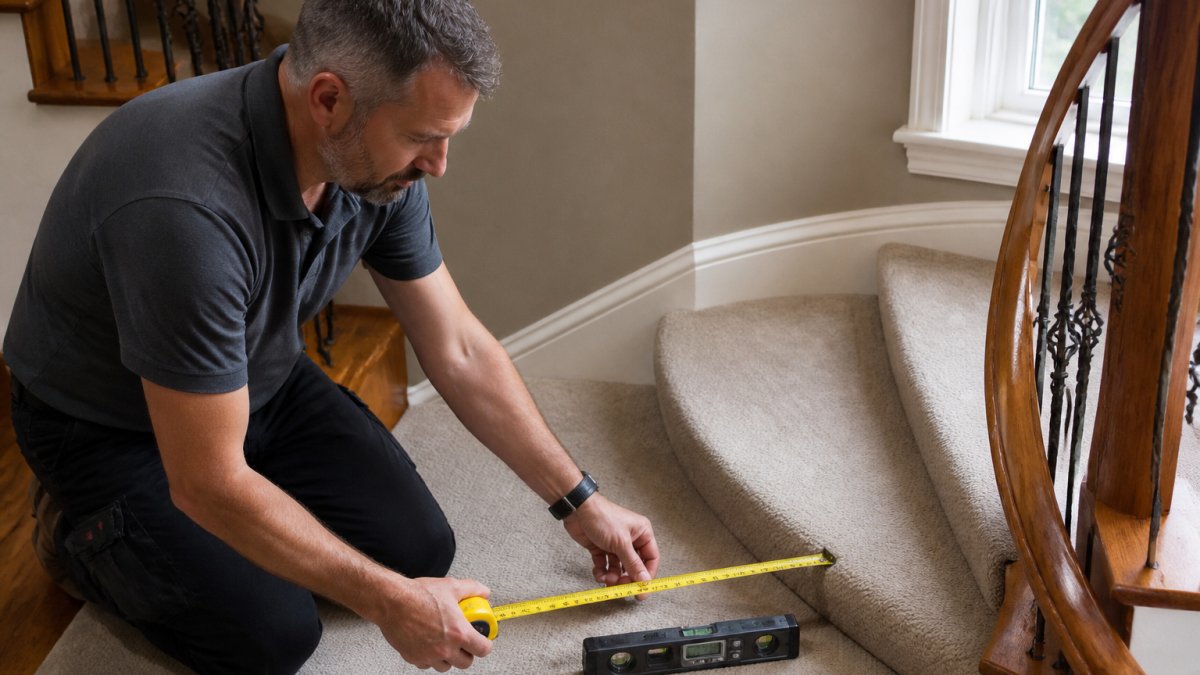 Professional technician measuring a curved staircase with tape measure and digital level, assessing the custom rail fitting requirements on a residential staircase with a landing and turn, natural window lighting