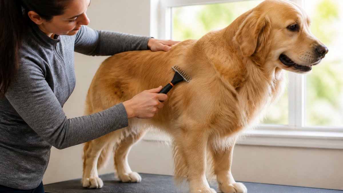Diagram demonstrating the 45-degree angle technique for using an undercoat rake on a golden retriever.