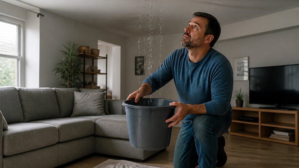 A homeowner in casual clothes placing a bucket under a dripping ceiling leak in a living room, with a towel on the floor and concerned expression