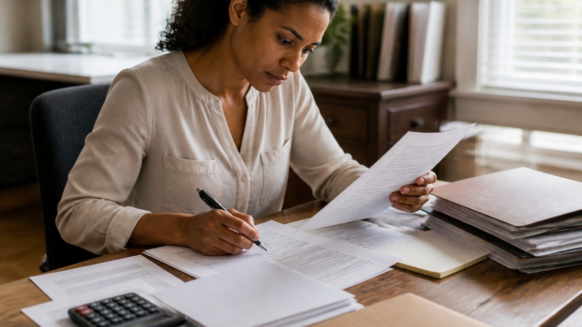 Person at desk with legal documents, pen, and calculator, reviewing court papers and preparing a written response, natural office lighting