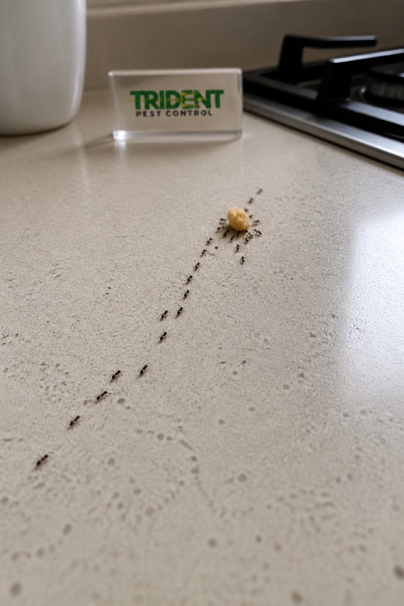 Close-up of ant trail on kitchen bench or floor, showing multiple ants following a chemical line toward food source or crumb with natural kitchen lighting