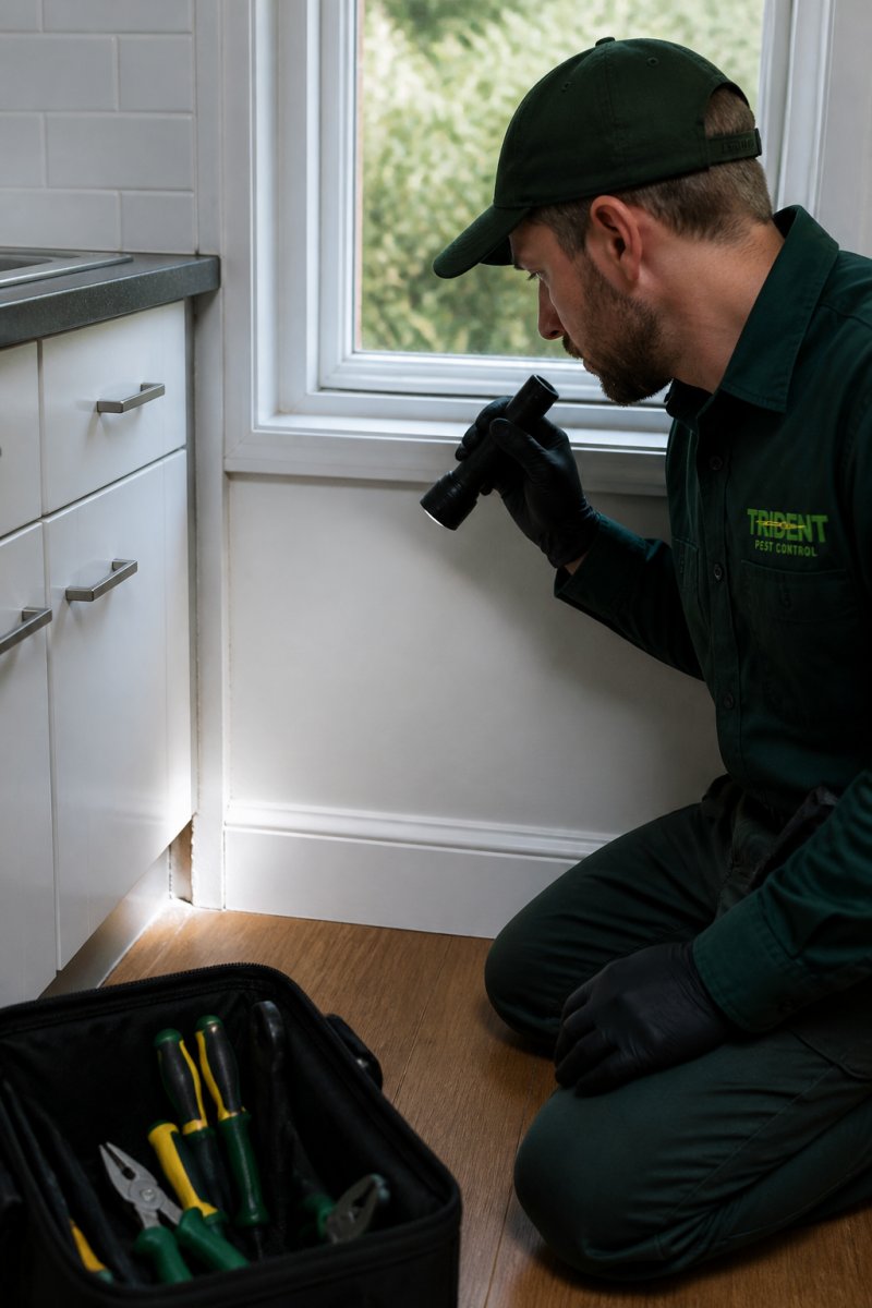 Homeowner or pest control technician examining small gaps and cracks around kitchen baseboards and window frames with a torch, checking for ant entry points with focused natural lighting