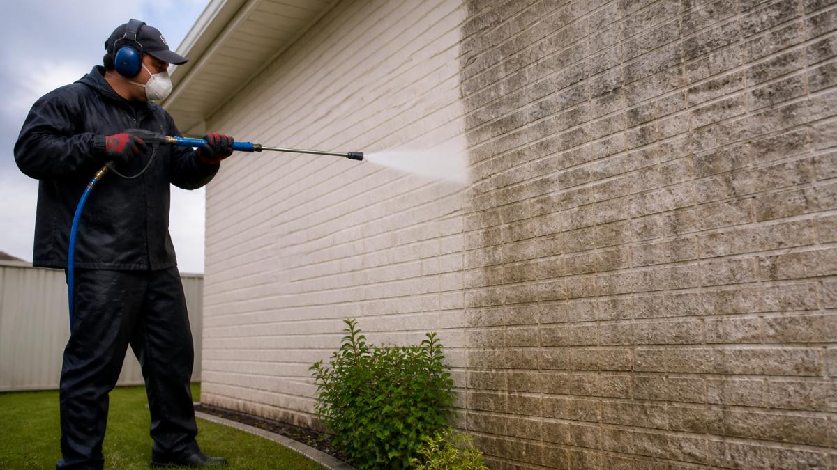 A technician in protective gear using a soft wash wand on a rendered brick home exterior, with visible clean vs dirty contrast on the wall