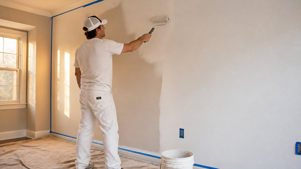 A professional painter rolling white primer onto an interior wall in a bright room, drop cloths on the floor and taped trim, even coverage visible across the surface