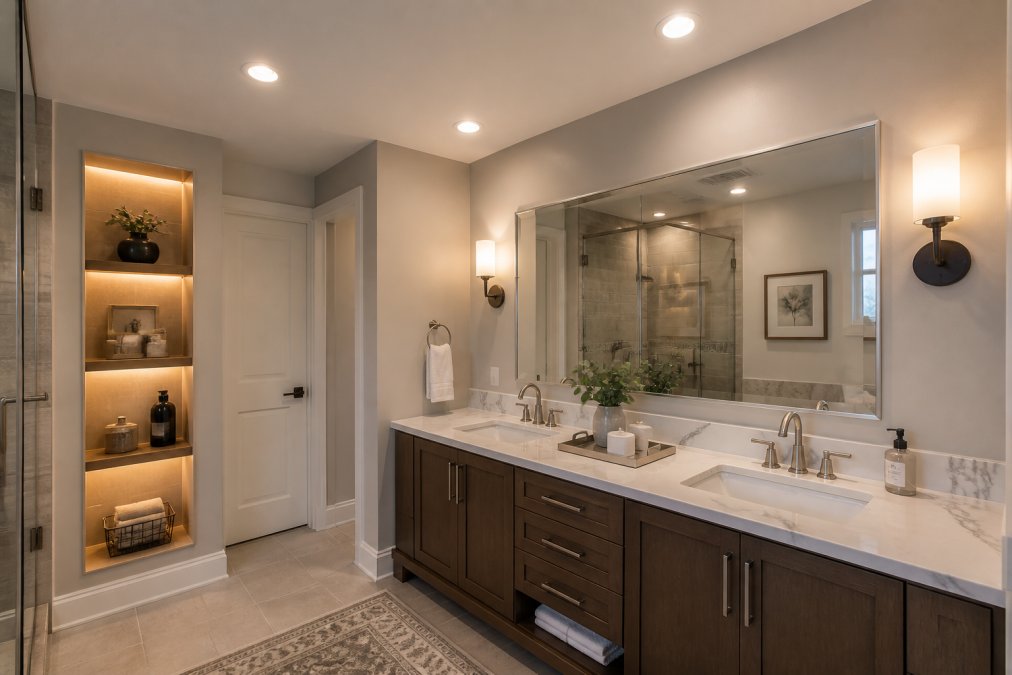 Diagram illustrating bathroom lighting layers: recessed lights, vanity sconces, and accent shelf lighting.