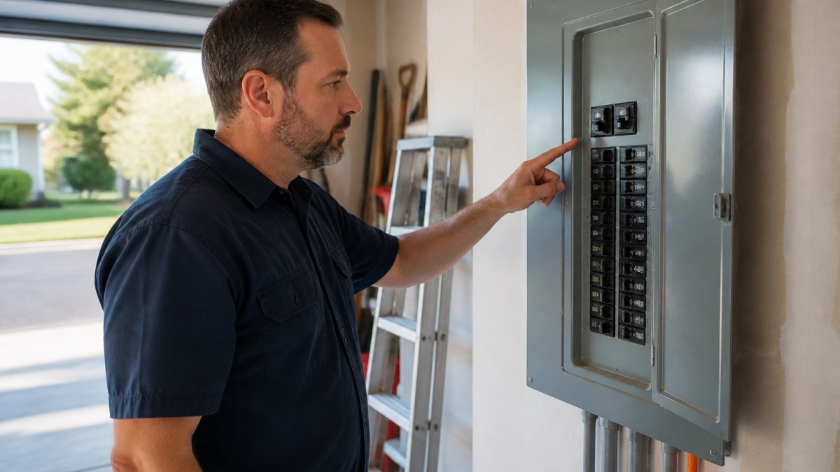 A homeowner standing beside an open electrical panel in a garage, pointing to a tripped double-pole breaker switch, looking focused and cautious, afternoon light from an open garage door